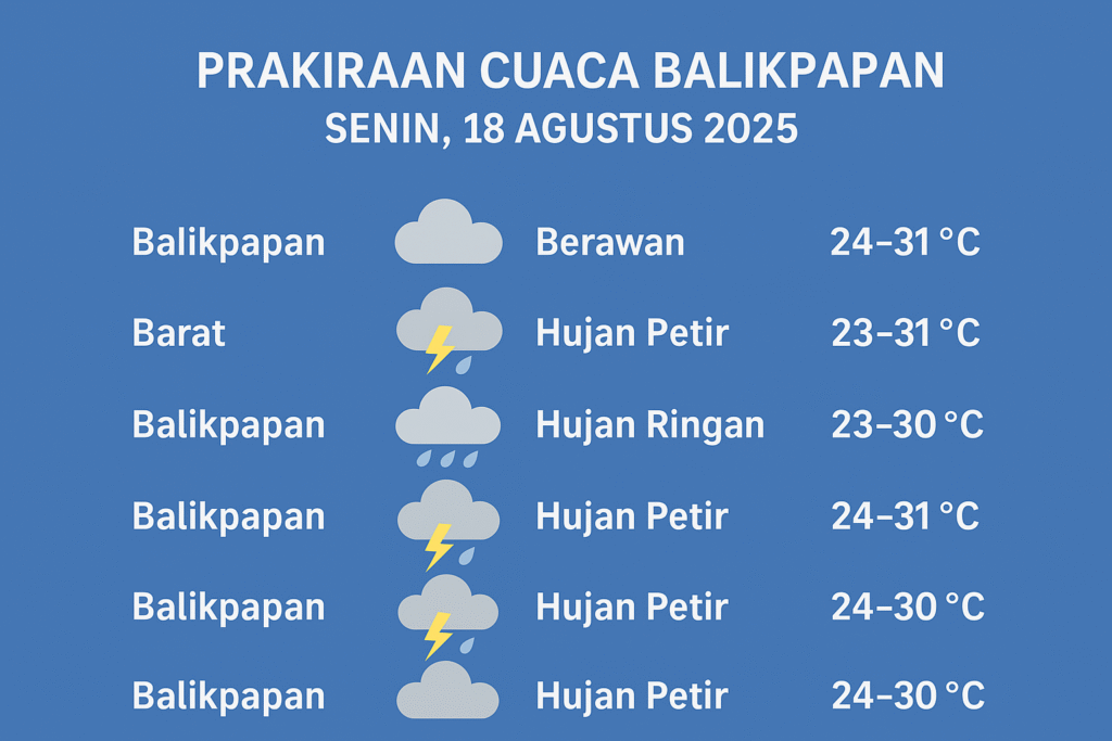 Cuaca Balikpapan Senin 18 Agustus 2025 / BMKG