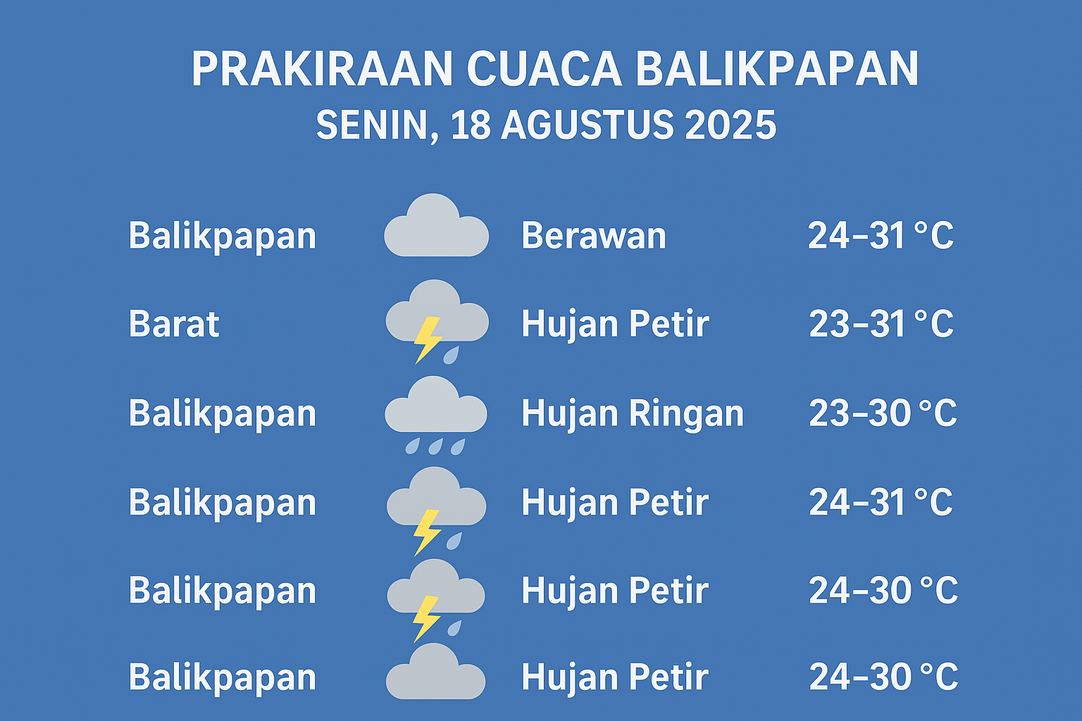 Cuaca Balikpapan Senin 18 Agustus 2025 / BMKG