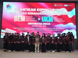 Pelantikan kepengurusan Badan Eksekutif Mahasiswa (BEM) dan Unit Kegiatan Mahasiswa (UKM) yang berlangsung di Ballroom Cheng Hoo , Selasa 5 Agustus 2025 (Humas Universitas Mulia)