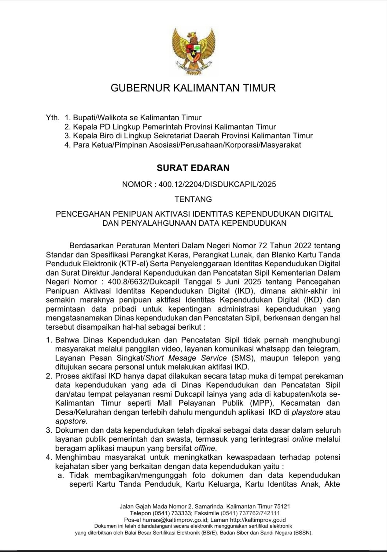 Surat Edaran Gubernur Kaltim Nomor 400.12/2204/DISDUKCAPIL/2025 yang ditandatangani Gubernur Rudy Mas’ud pada 5 Agustus 2025. / Pemprov Kaltim